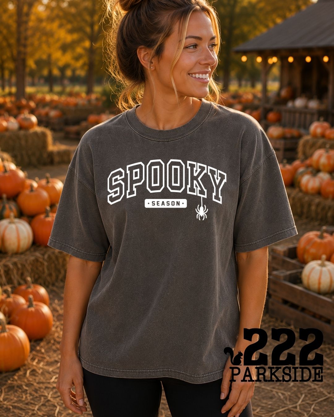Spooky Season varsity graphic Comfort Colors tee at a pumpkin patch