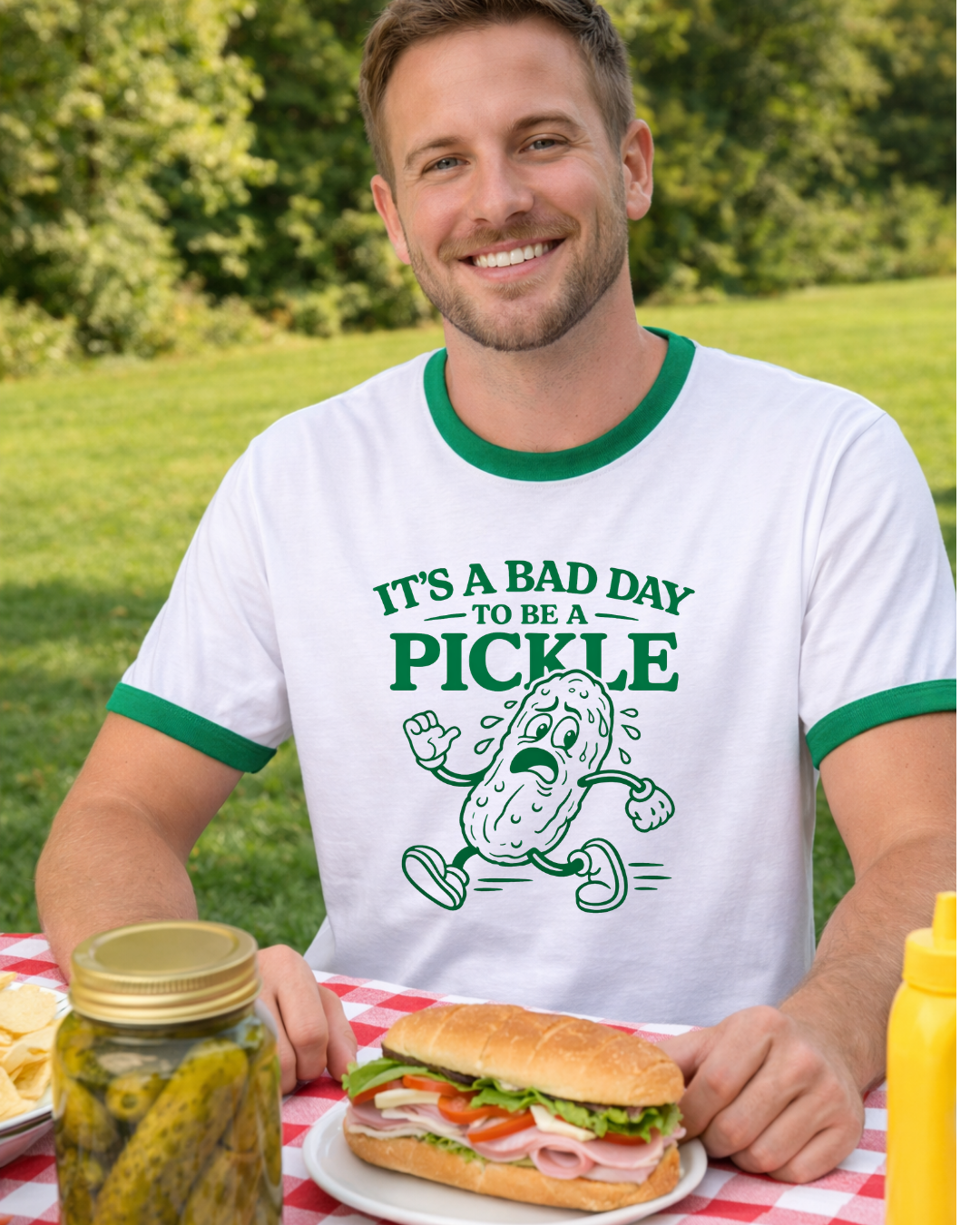 Man wearing a t-shirt with a pickle graphic and text, sitting at a picnic table.