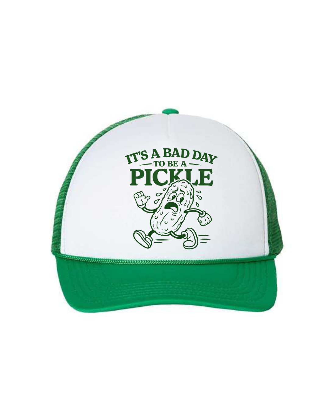 Green and white cap with pickle graphic and text on a white background