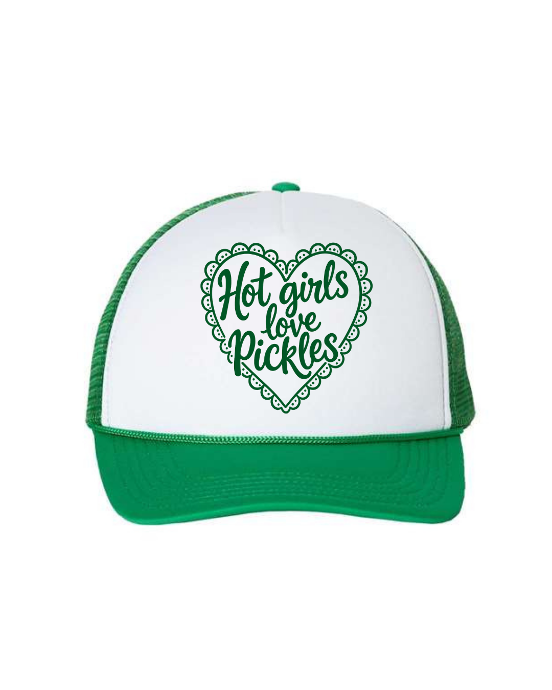 Green and white cap with text 'Hot girls love pickles' on a white background