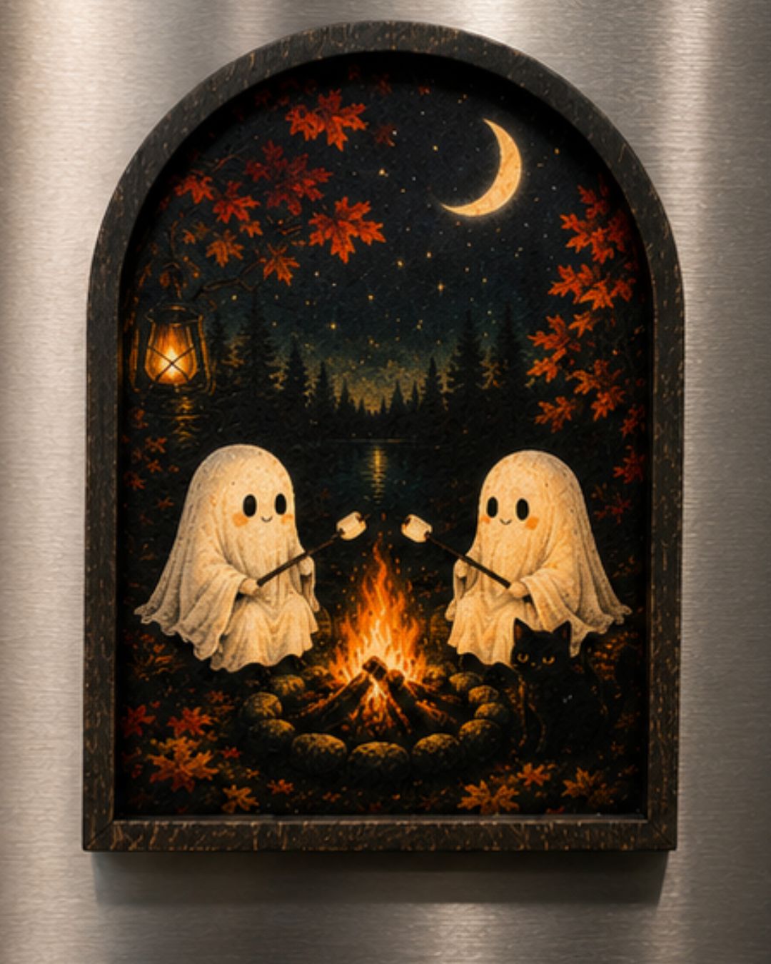 Ghost sitting by a campfire on a moonlit lake with a pontoon boat – arched wood magnet