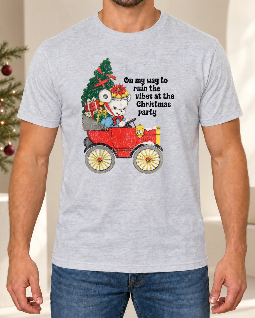 Alternate ash Christmas Party tee on male model