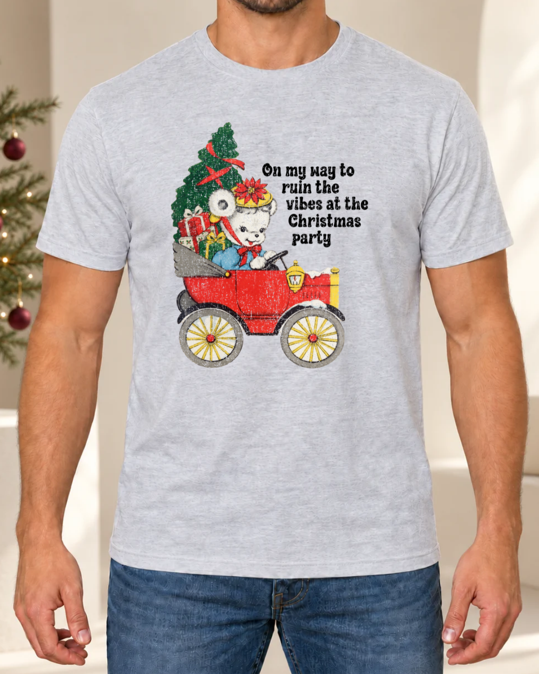 Alternate ash Christmas Party tee on male model