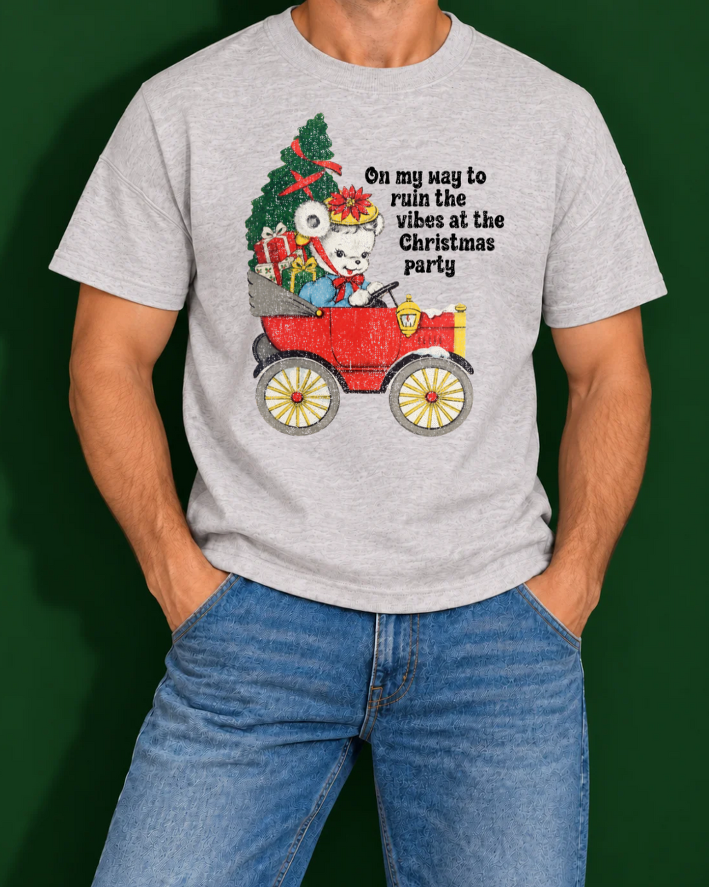 Ash Gildan Christmas party graphic tee on male model