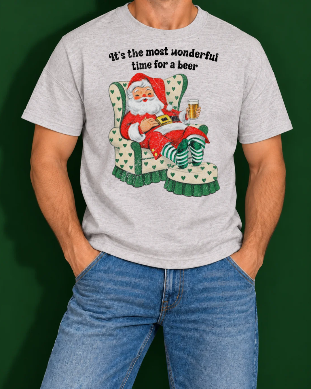 It's the Most Wonderful Time for a Beer | Men's Christmas Graphic Tee shown in ash on a male model