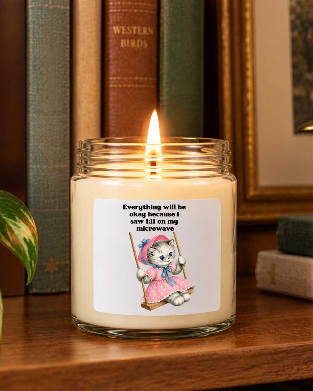 1:11 microwave cat candle displayed on a bookshelf