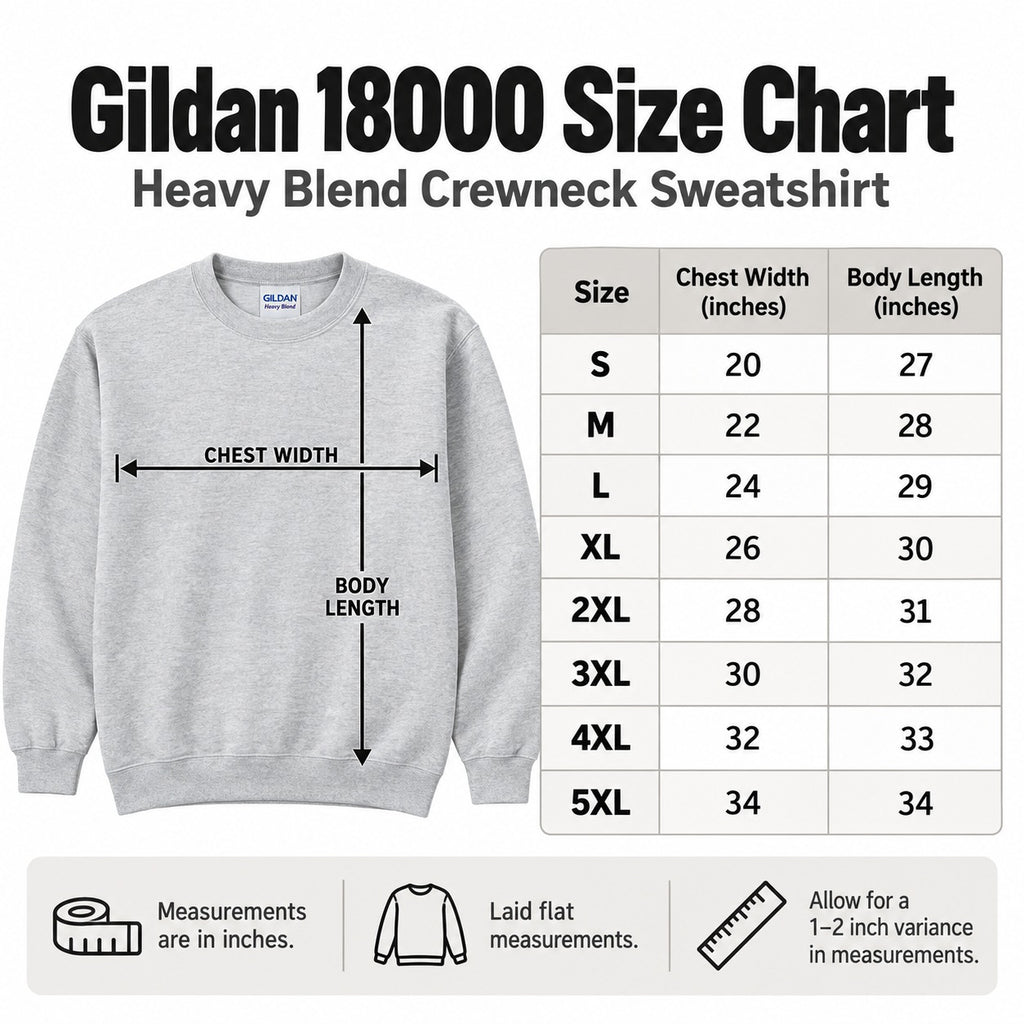 Gildan 18000 sweatshirt measuring chart S through 5XL