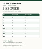 Gildan 18500 size chart with measurements in inches for S-5XL