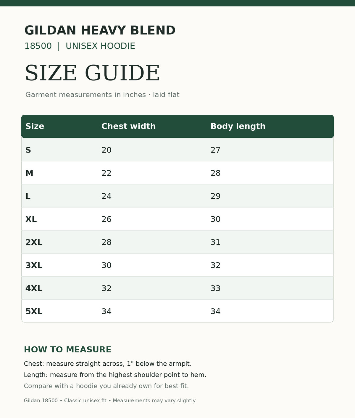 Gildan 18500 size chart with measurements in inches for S-5XL