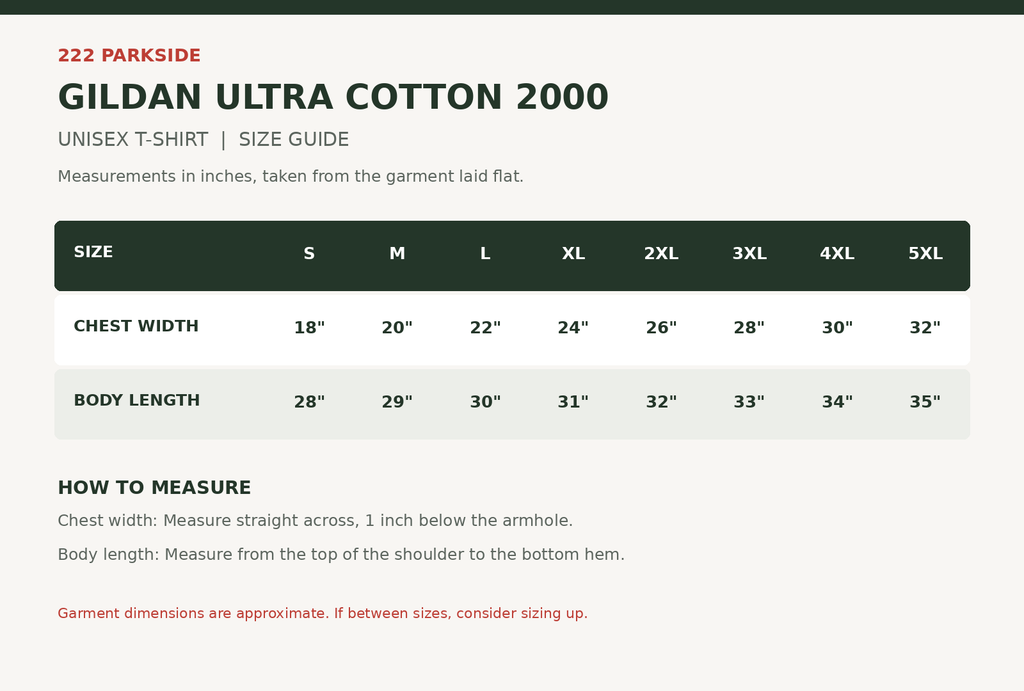 Gildan Ultra Cotton S–5XL size guide