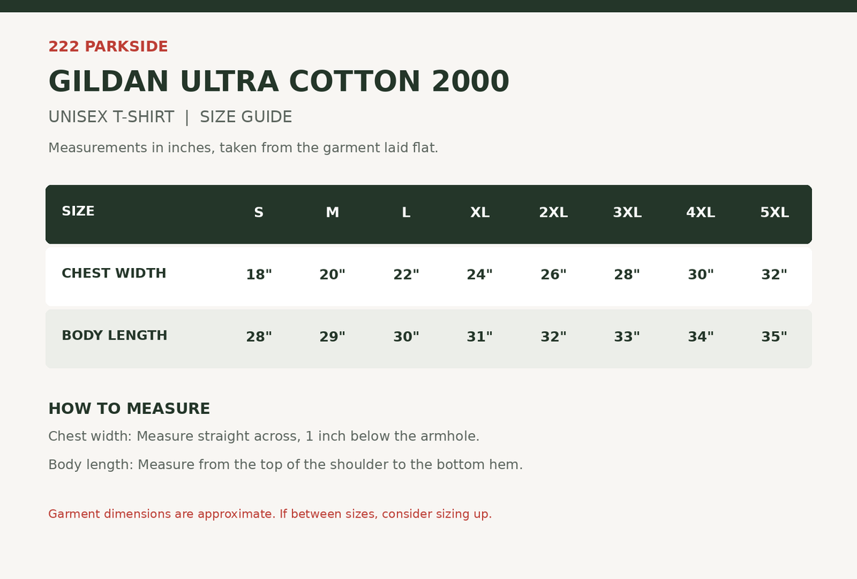 Gildan Ultra Cotton S–5XL size guide