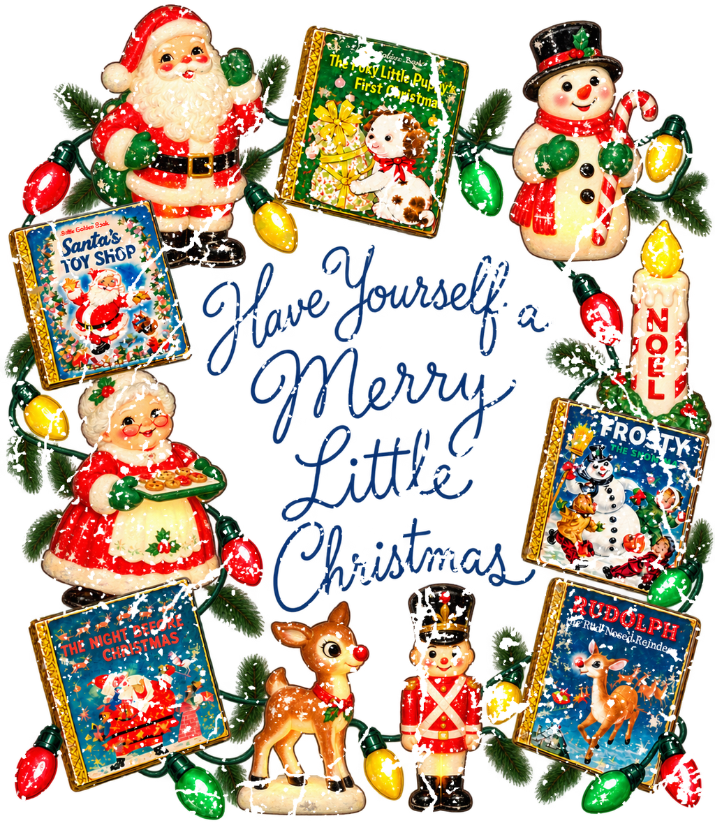 Exact vintage storybook Christmas print artwork for red-trim ringer tee, Have Yourself a Merry Little Christmas