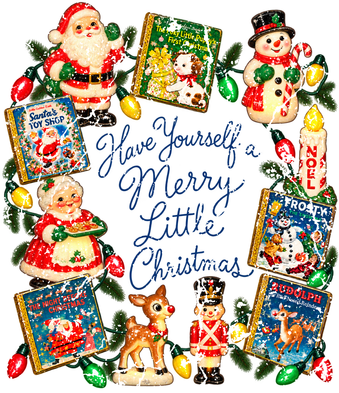 Exact vintage storybook Christmas print artwork for red-trim ringer tee, Have Yourself a Merry Little Christmas
