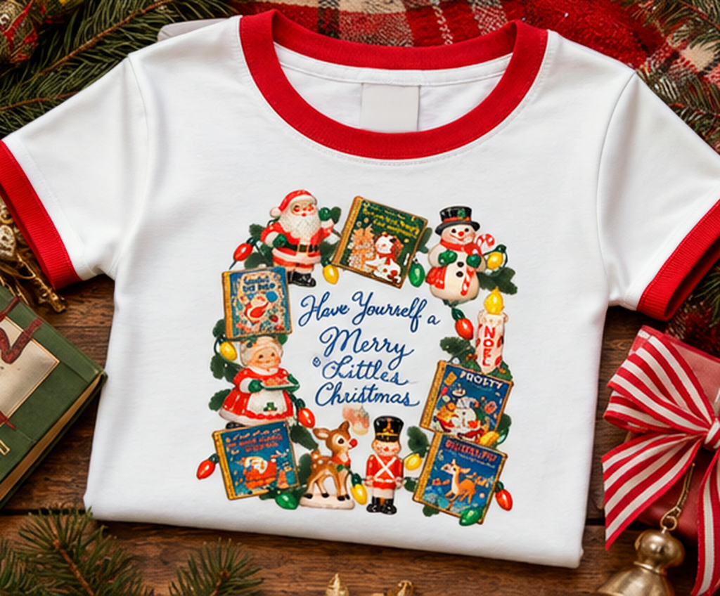 Christmas styled flatlay of white body red neckline red sleeve-trim ringer tee with nostalgic storybooks print