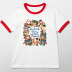 White red trim ringer shirt front with small centered Merry Little Christmas storybook design