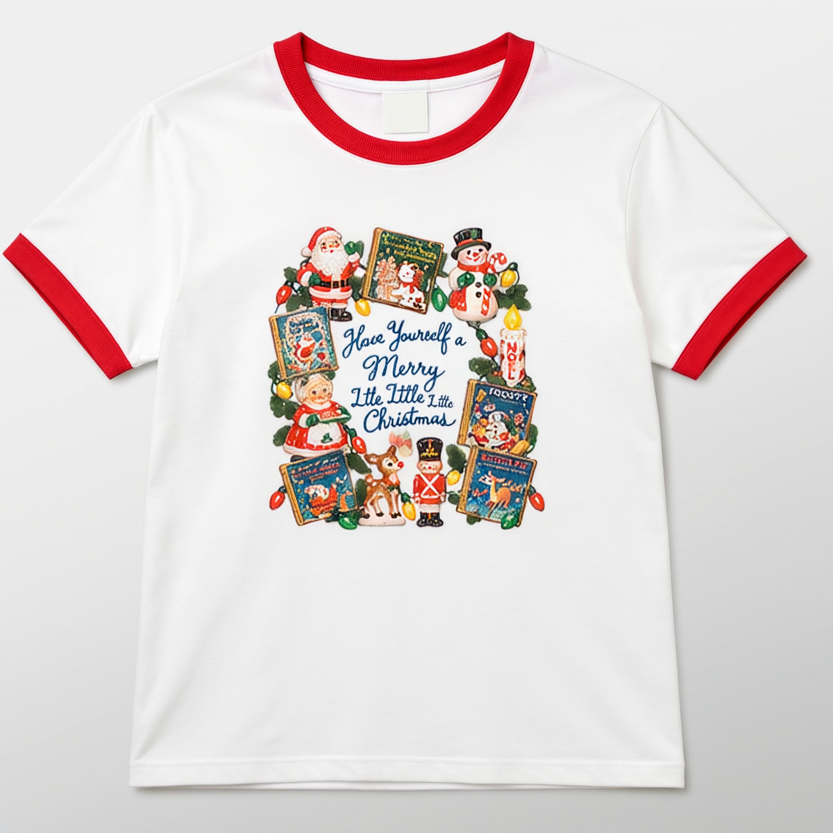 White red trim ringer shirt front with small centered Merry Little Christmas storybook design