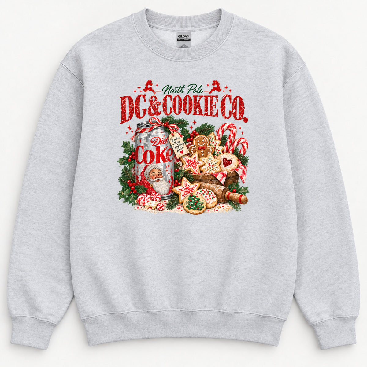 Ash Gildan 18000 crewneck sweatshirt, North Pole Cookie Co Christmas design sized small and centered