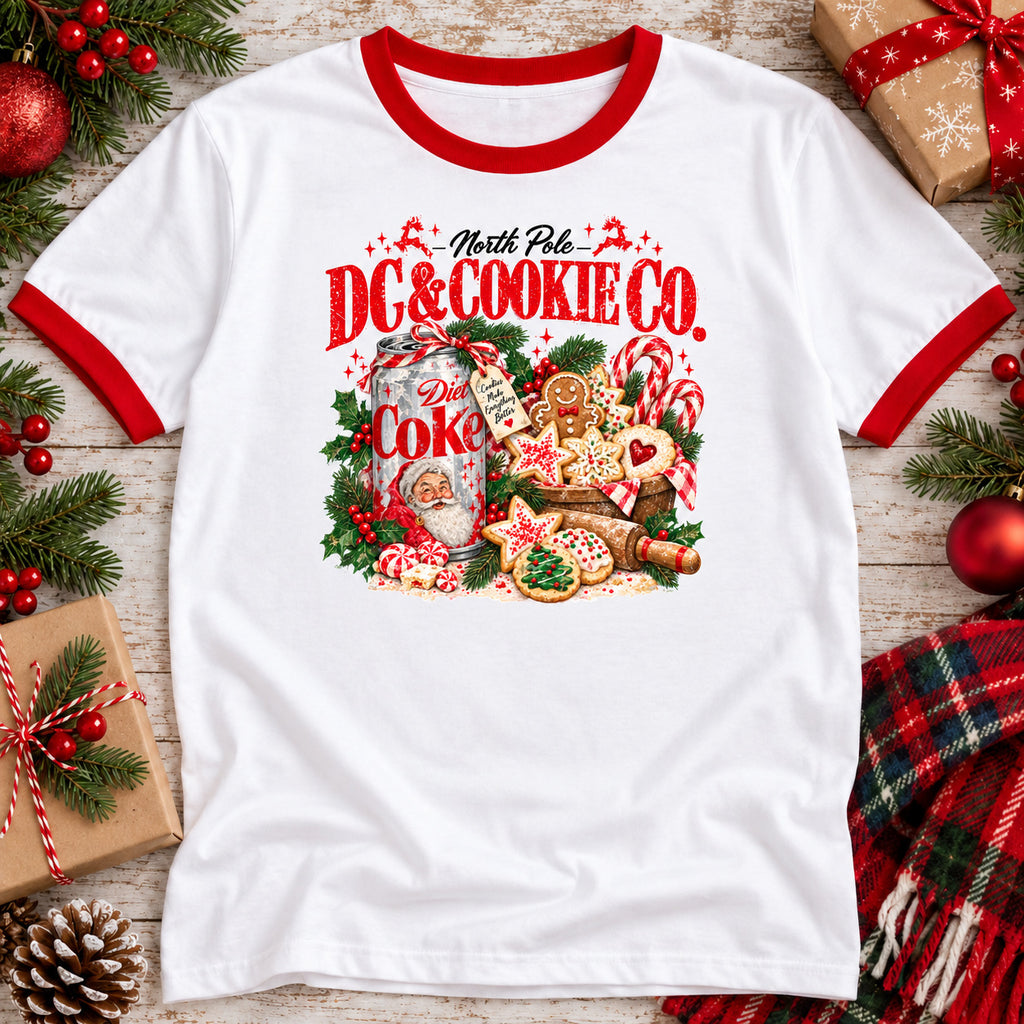 White and red Christmas ringer t-shirt styled flat lay