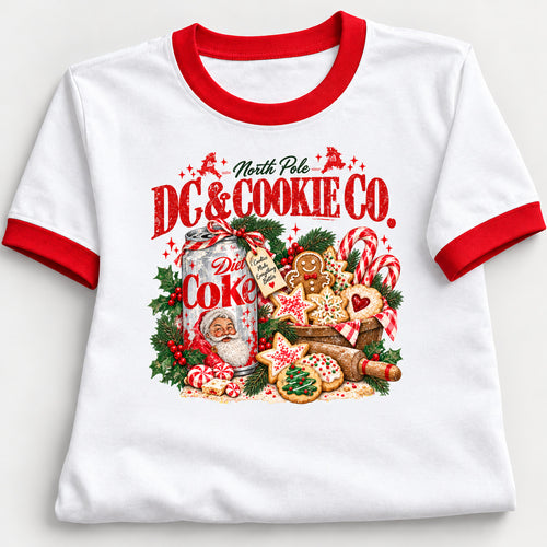 White Christmas ringer tee with red collar sleeves and small centered cookie design