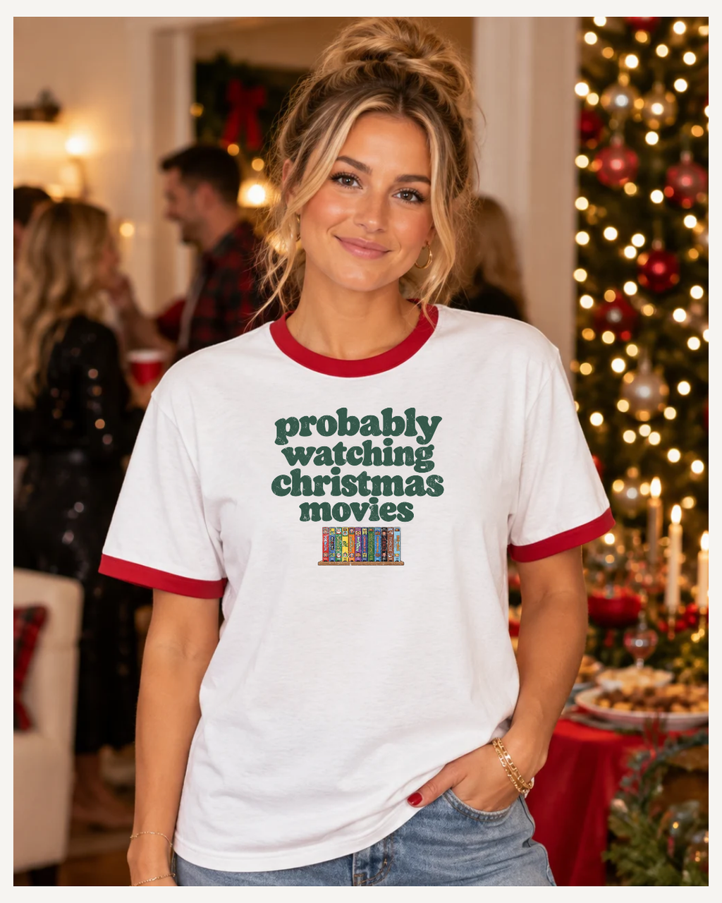 Woman wearing Christmas movies ringer tee at a holiday party