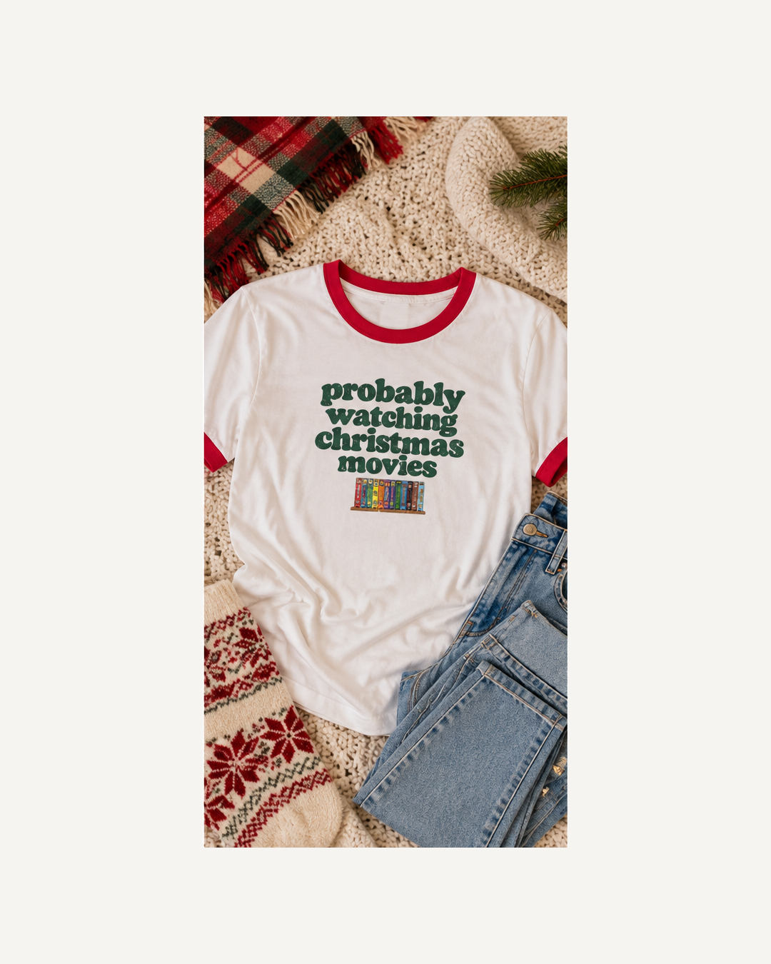 Flat lay Christmas movies ringer tee with winter knitwear