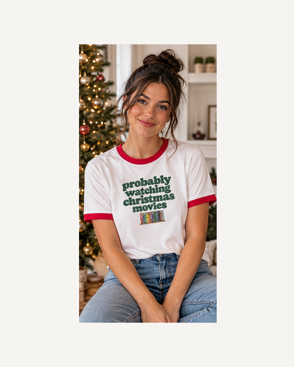 Model in white and red Christmas ringer tee
