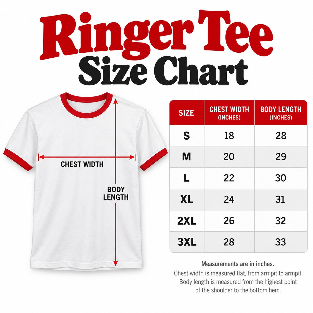 Ringer tee size chart S through 3XL