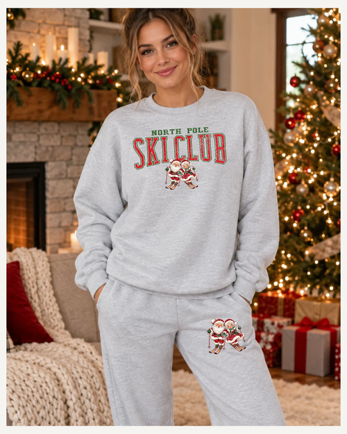 North Pole Ski Club matching Gildan ash crewneck and sweatpants model