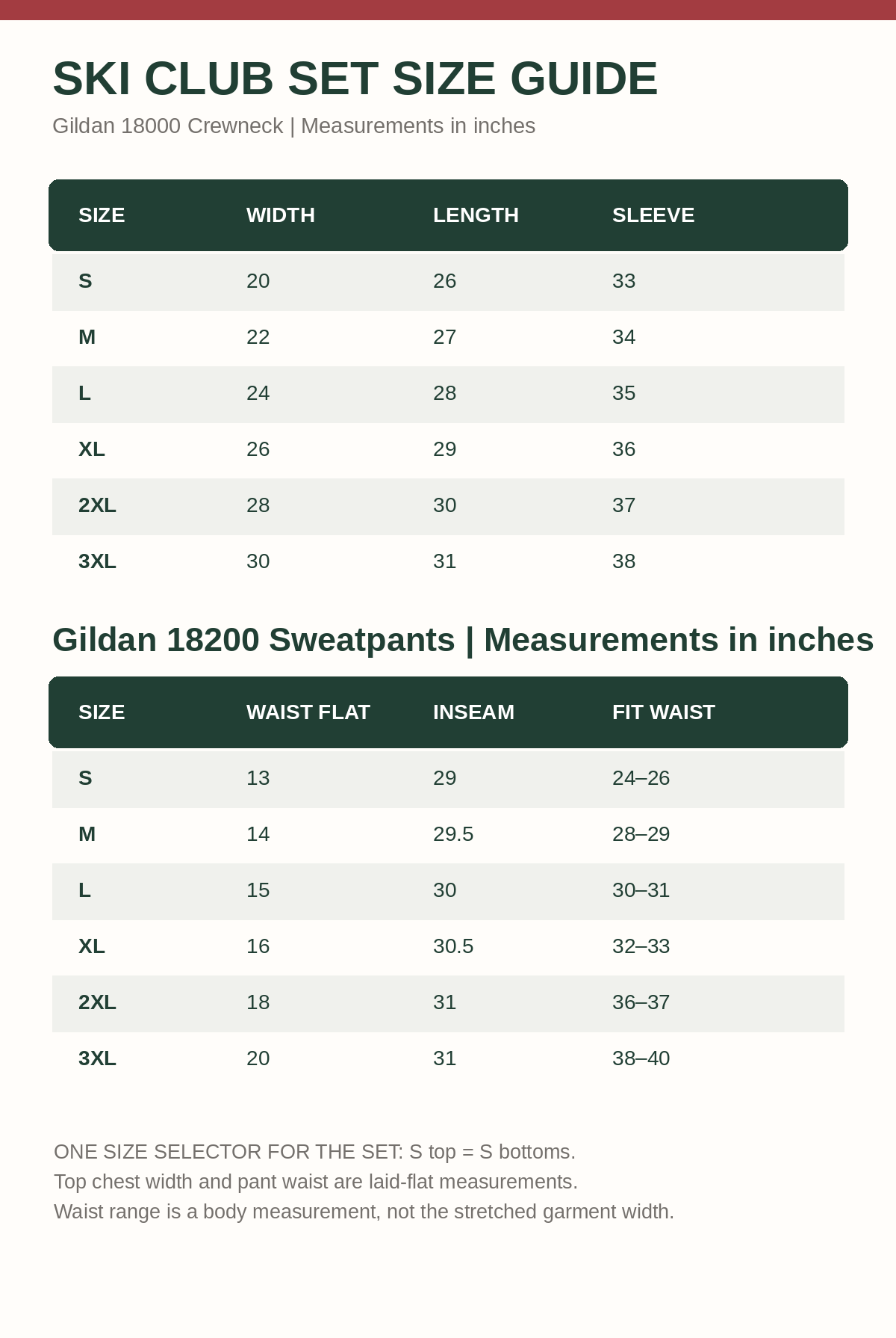 Gildan 18000 sweatshirt and Gildan 18200 sweatpants dual size guide S to 3XL