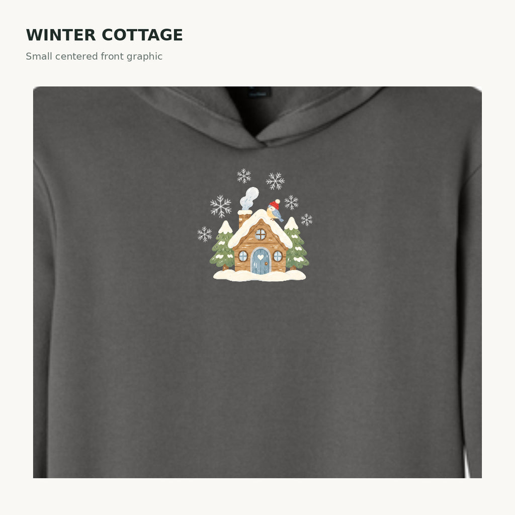 Charcoal hoodie small centered snowy cottage graphic close-up
