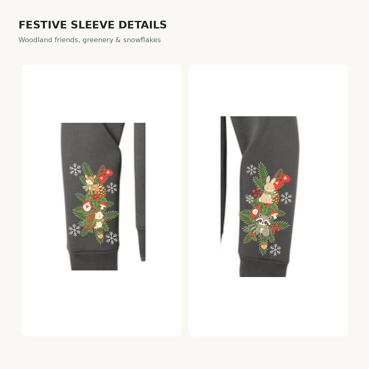 Winter woodland animal holiday sleeve prints on charcoal hoodie