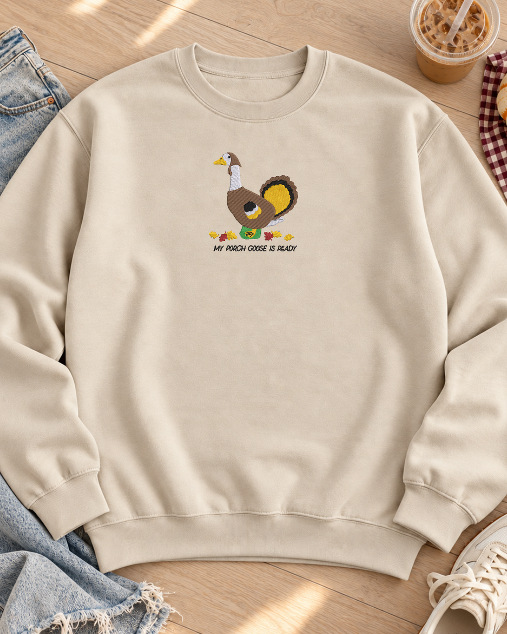 Porch Goose Sand flat lay embroidery sweatshirt