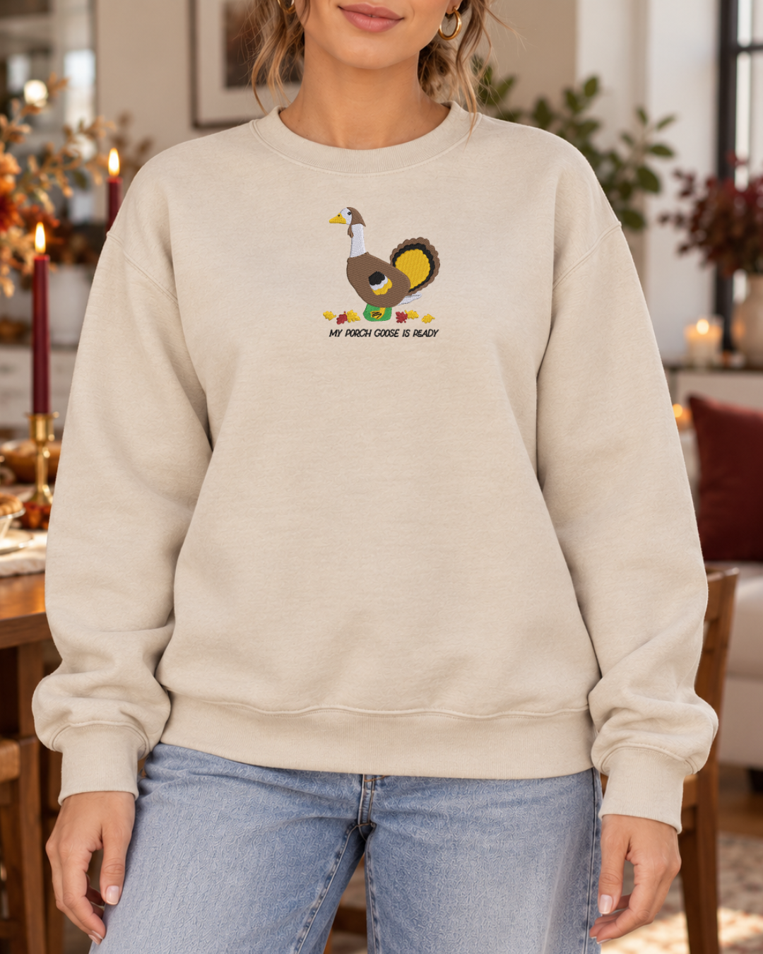 Porch Goose Sand modeled embroidery sweatshirt