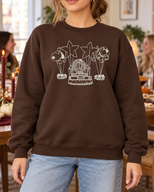 Thanksgiving Parade Dark Chocolate modeled embroidery sweatshirt
