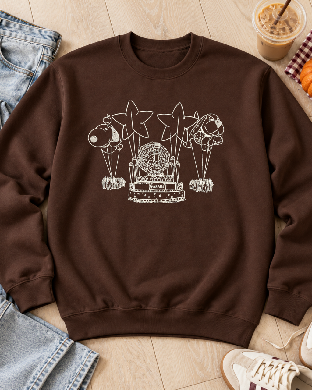 Thanksgiving Parade Dark Chocolate flat lay embroidery sweatshirt