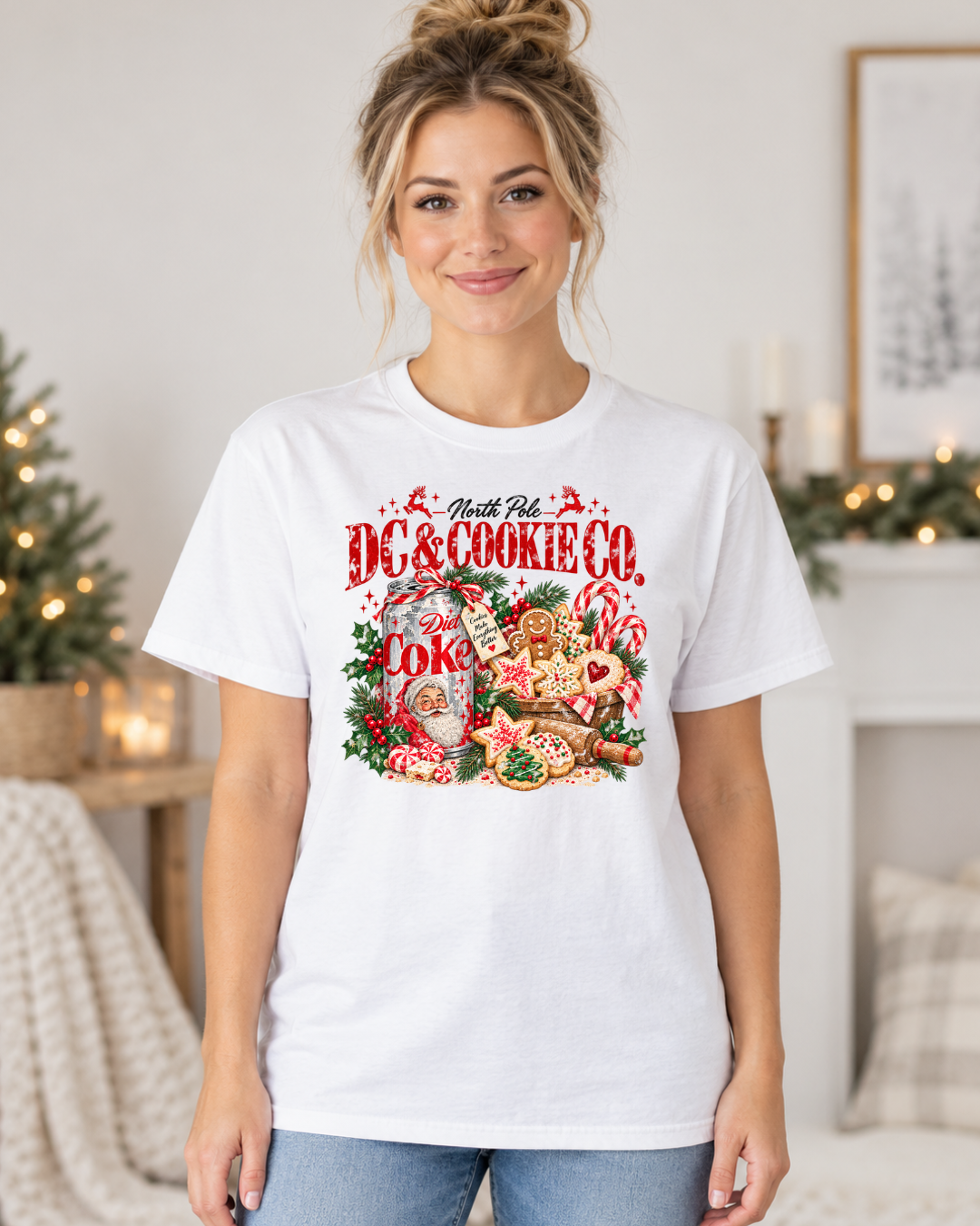 North Pole DC & Cookie Co. | Women's Retro Christmas Graphic Tee modeled in White