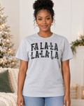 Fa La La La La | Vintage Lettering Women's Christmas Graphic Tee modeled in Ash