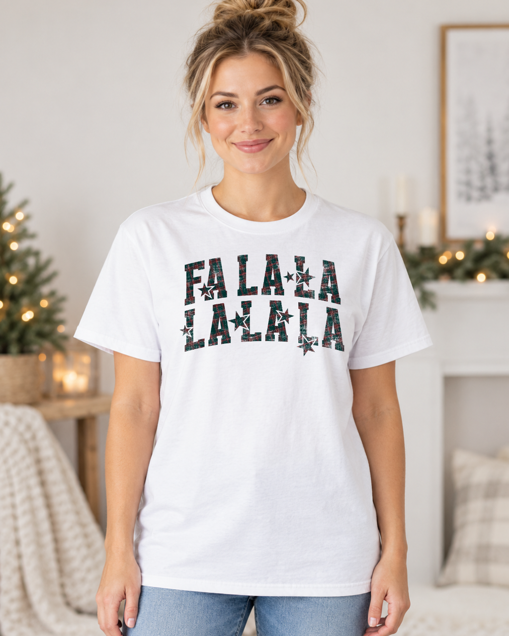 Fa La La La La | Vintage Lettering Women's Christmas Graphic Tee modeled in White