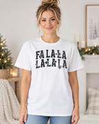 Fa La La La La | Vintage Lettering Women's Christmas Graphic Tee modeled in White