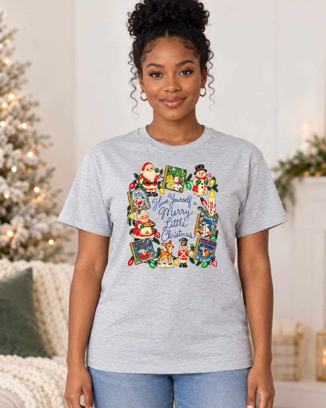 Have Yourself a Merry Little Christmas | Vintage Storybook Women's Graphic Tee modeled in Ash