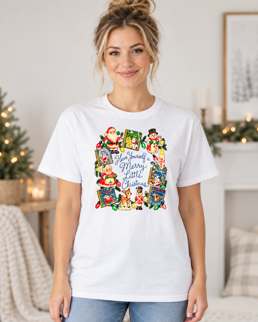 Have Yourself a Merry Little Christmas | Vintage Storybook Women's Graphic Tee modeled in White