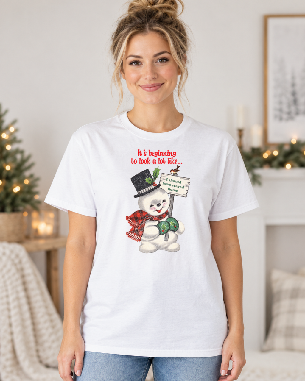 It's Beginning to Look a Lot Like I Should Have Stayed Home | Women's Snowman Christmas Tee modeled in White
