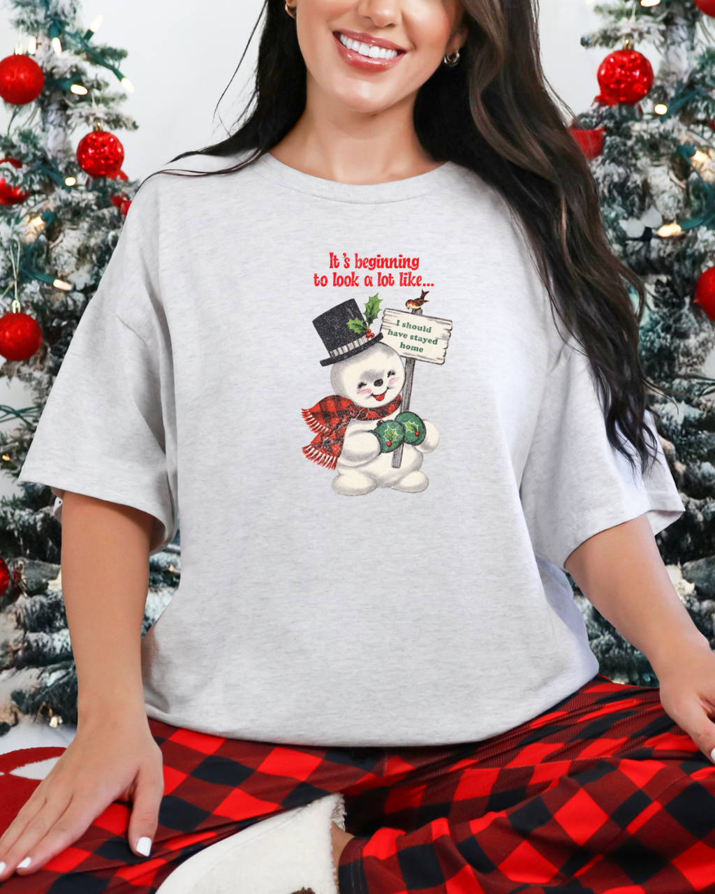 It's Beginning to Look a Lot Like I Should Have Stayed Home | Women's Snowman Christmas Tee Ash lifestyle Christmas photo