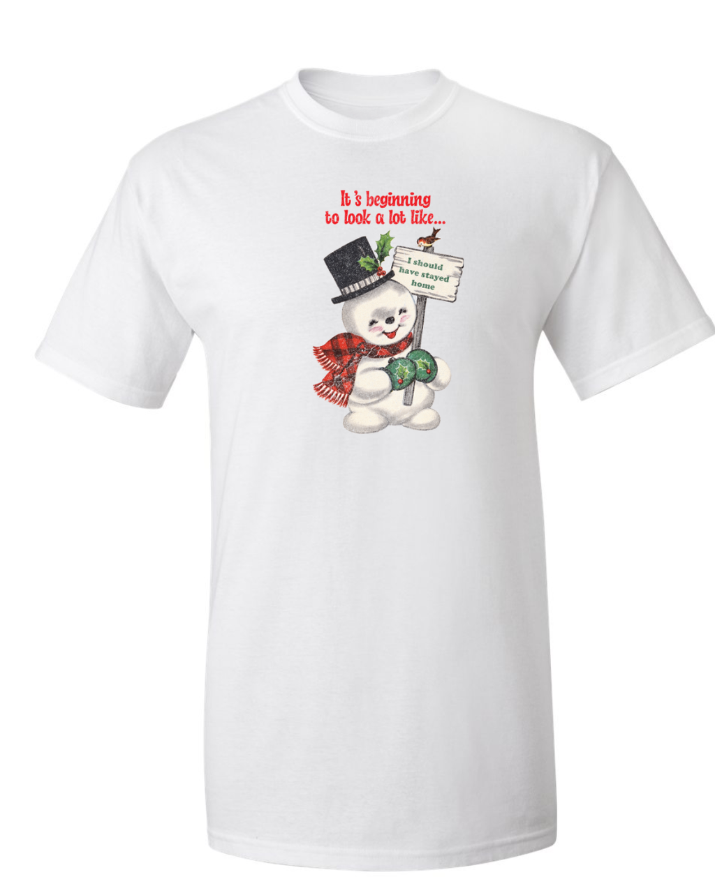 It's Beginning to Look a Lot Like I Should Have Stayed Home | Women's Snowman Christmas Tee White T-shirt product-only mockup