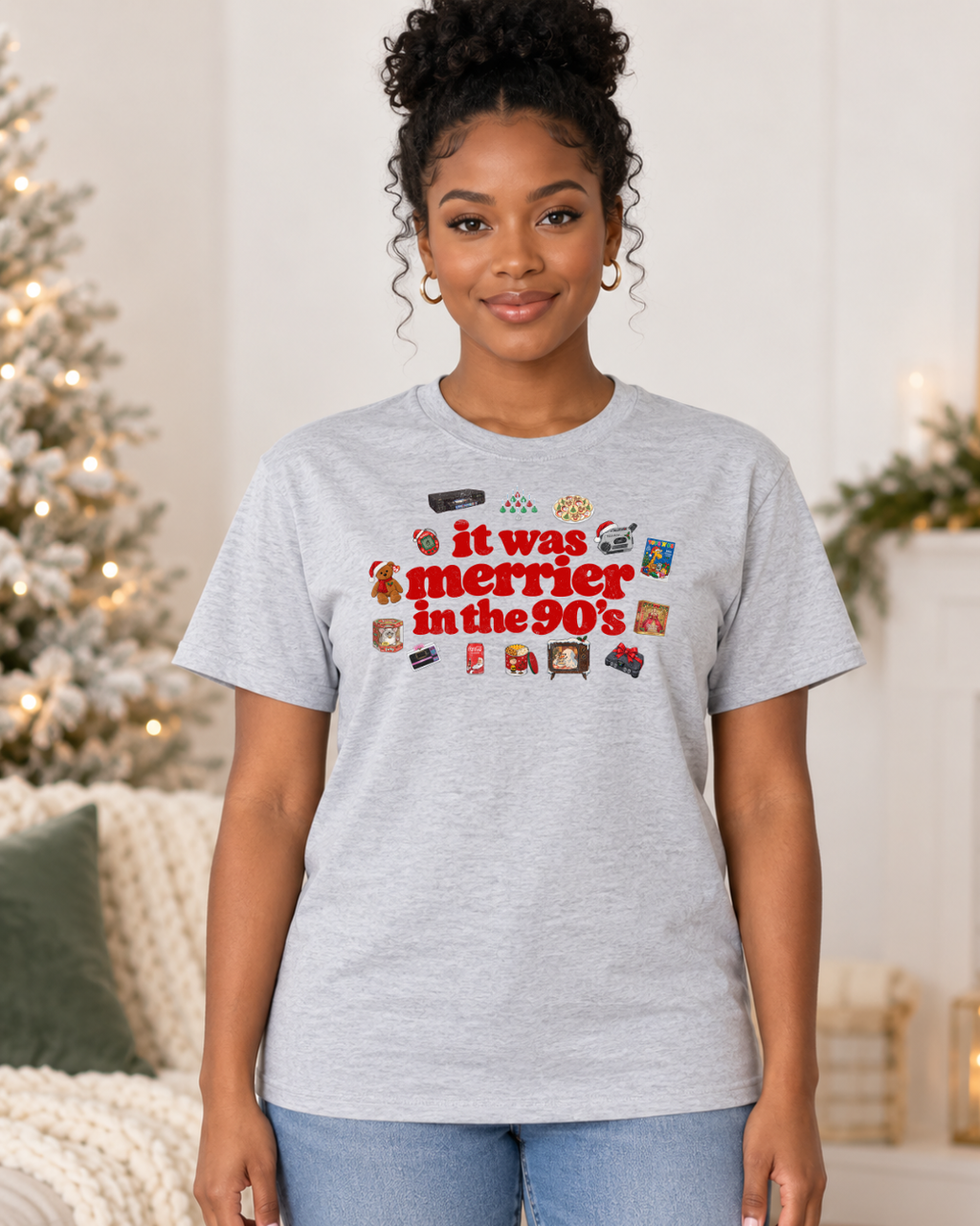 It Was Merrier in the '90s | Nostalgic Women's Christmas Graphic Tee modeled in Ash