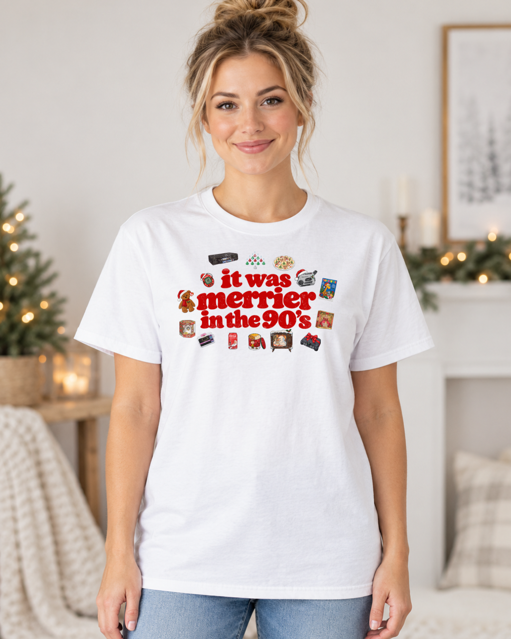 It Was Merrier in the '90s | Nostalgic Women's Christmas Graphic Tee modeled in White