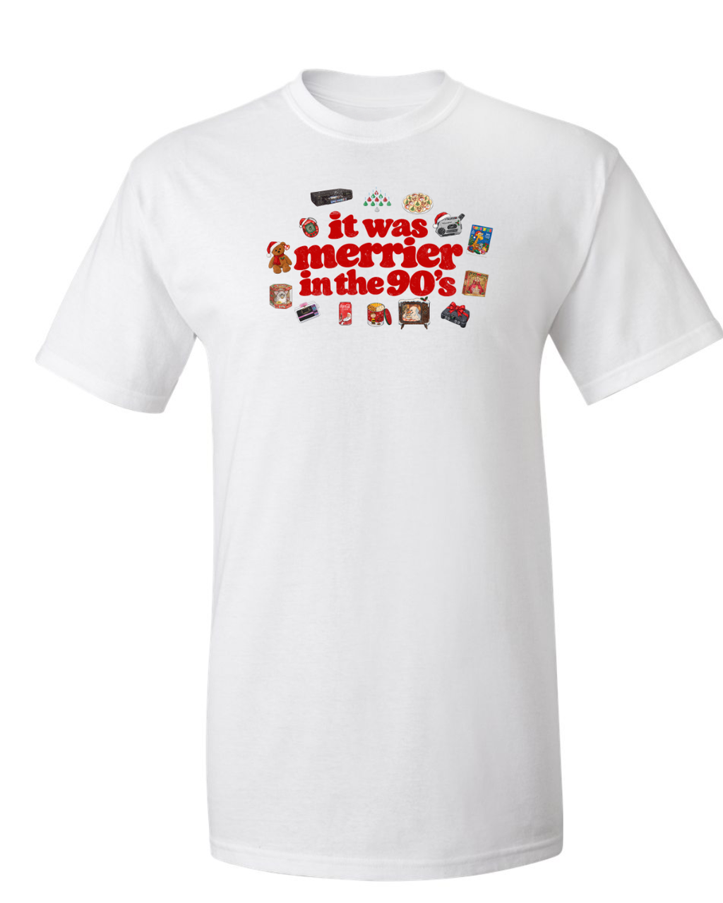 It Was Merrier in the '90s | Nostalgic Women's Christmas Graphic Tee White flat product mockup