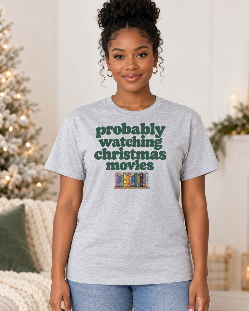 Probably Watching Christmas Movies | Retro Women's Christmas Graphic Tee modeled in Ash