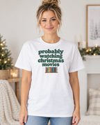Probably Watching Christmas Movies | Retro Women's Christmas Graphic Tee modeled in White