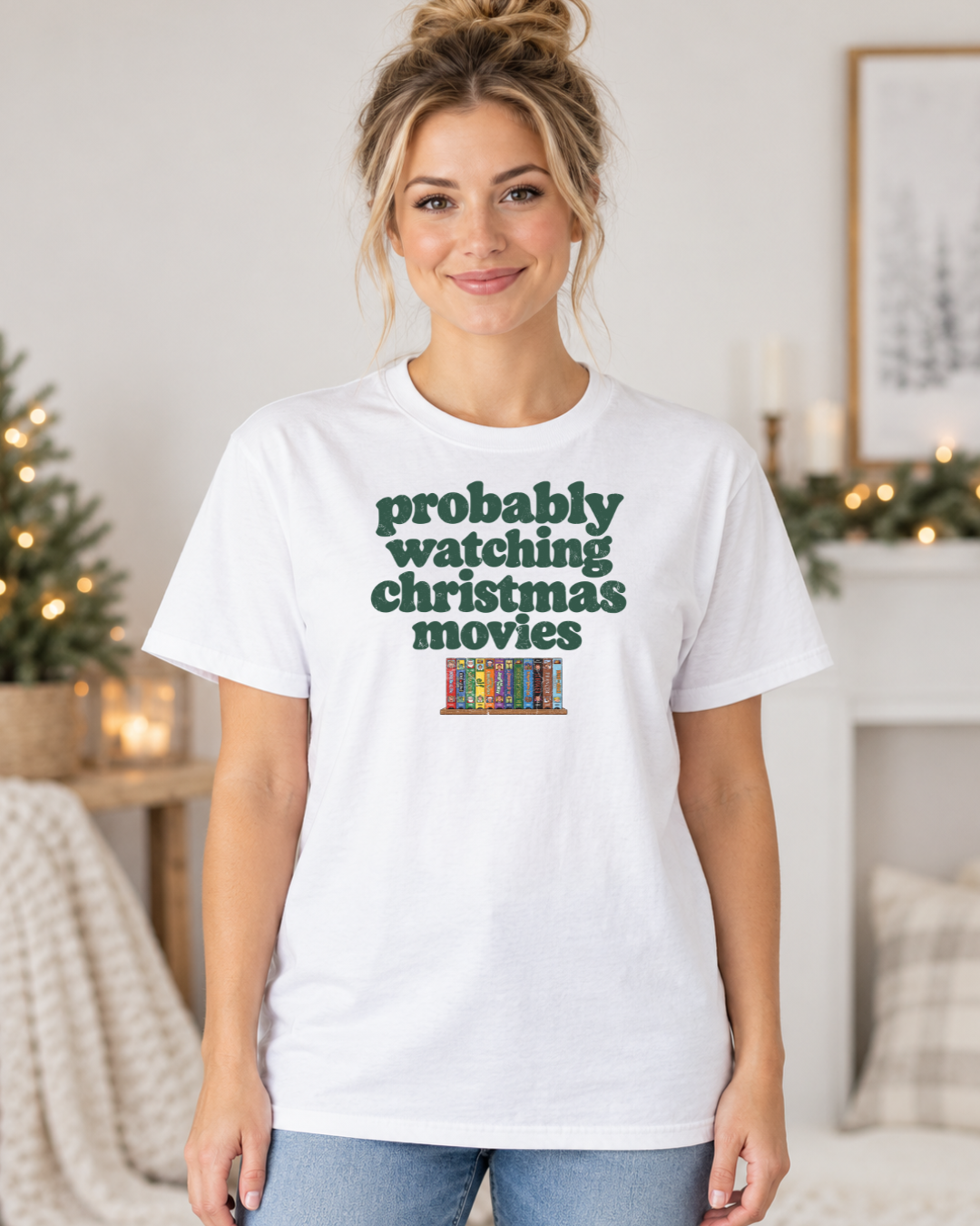 Probably Watching Christmas Movies | Retro Women's Christmas Graphic Tee modeled in White
